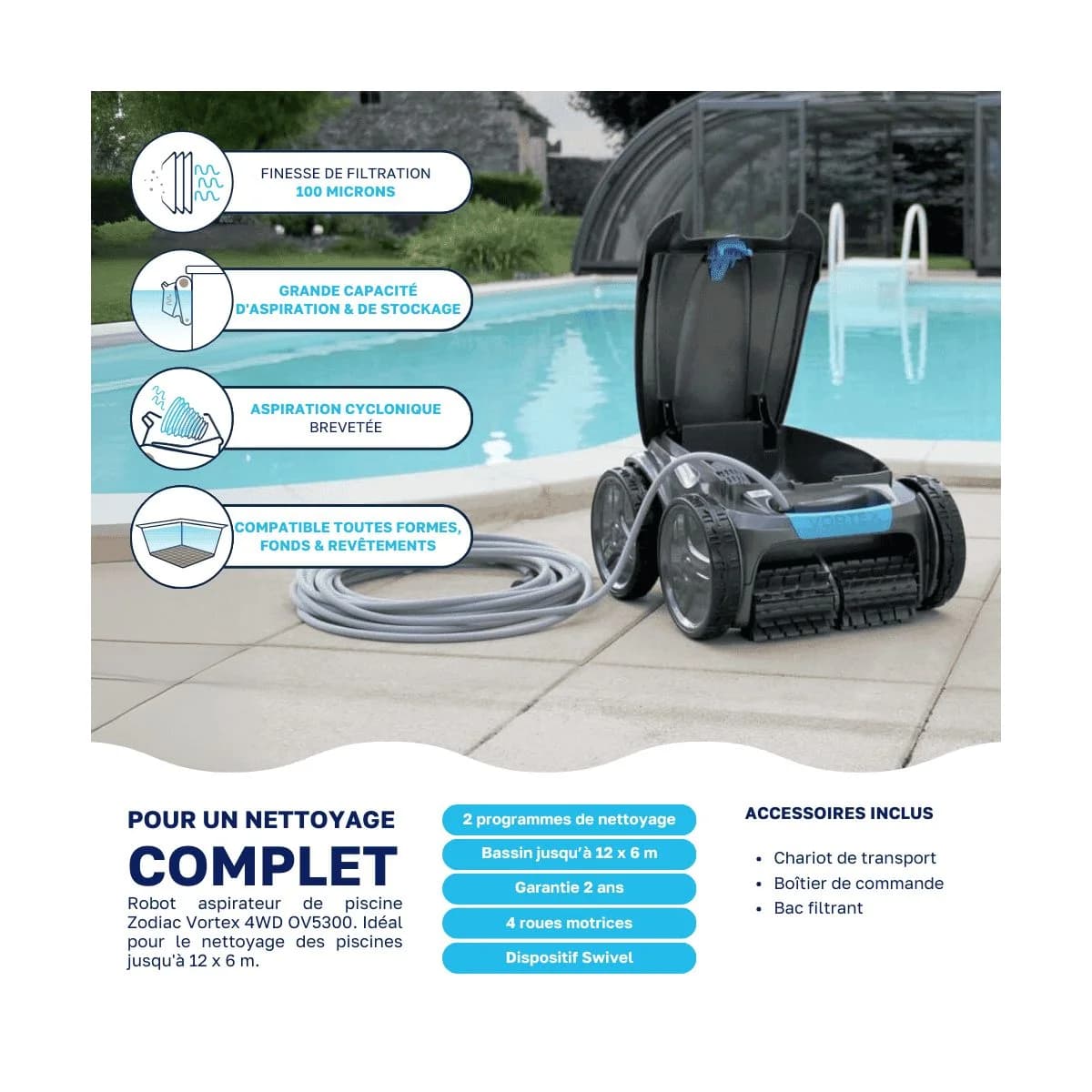 Zodiac Robot piscine Zodiac Vortex 4WD OV5300 Swivel – Prix Destockage - illustration 2